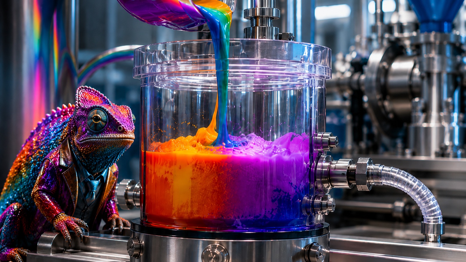 Pigmento l&iacute;quido colorido sendo dosado em um tanque de mistura industrial
